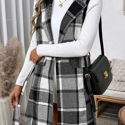 Perfee Tied Plaid Vest Coat