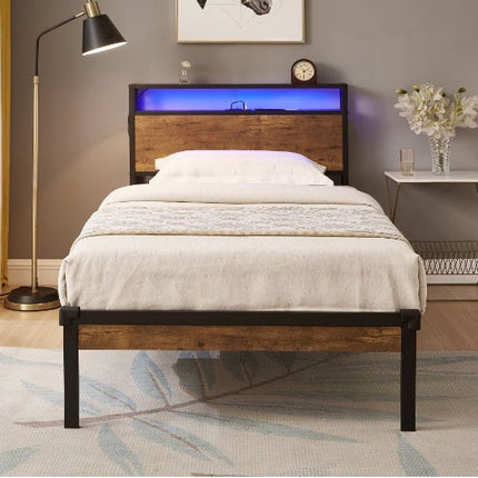 Twin Size Metal Platform Bed Frame With Wooden Headboard And Footboard