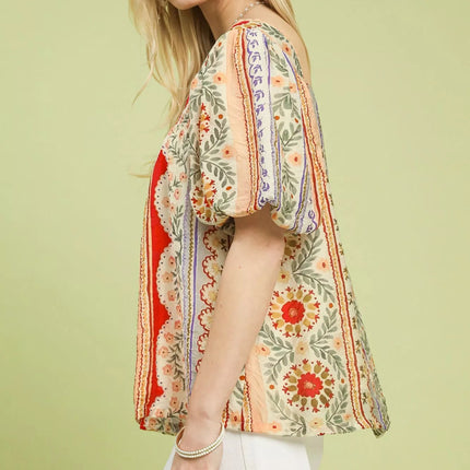 Umgee Patchwork Puff Sleeve Smocked Blouse
