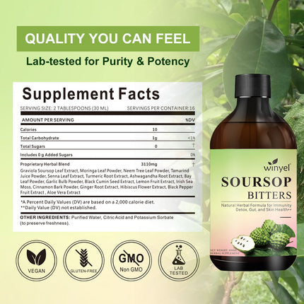 Soursop Liquid Contains Black Seeds, Moringa, And Turmeric, And Is