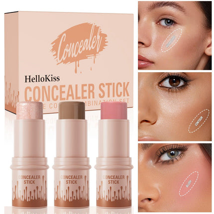 HelloKiss 3pcs Concealer Stick Set with Makeup Brush White Pink Black