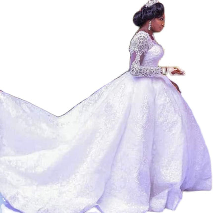 Lace African Wedding Dress Long Sleeves Round Neck Big Tail Tutu Skirt