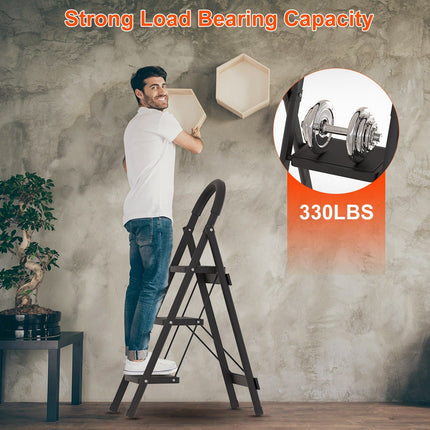 1Pc 3Step Foldable Ladder With Wide Anti-Slip Pedal Safety Locking