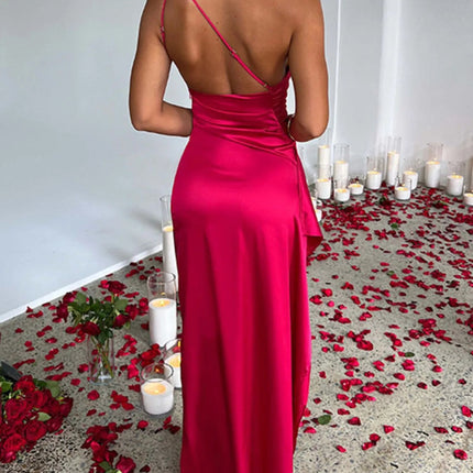 One Shoulder Satin Dress : High Slit