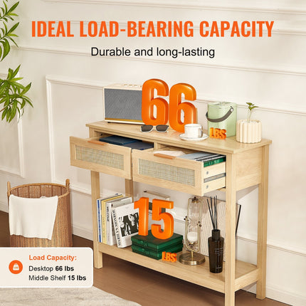Rattan Console Table With 2 Storage Drawers, Rattan Entryway Table