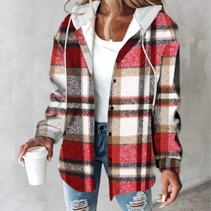 Plaid Hooded Jacket Fashion Casual Button Pocket Coat Autumn And