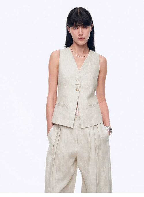 Fireladyfur Women's Linen Suit Set: Draped Vest & High-Waist Straight