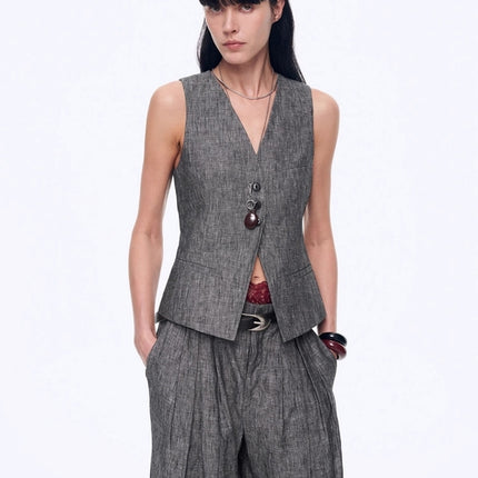 Fireladyfur Women's Linen Suit Set: Draped Vest & High-Waist Straight