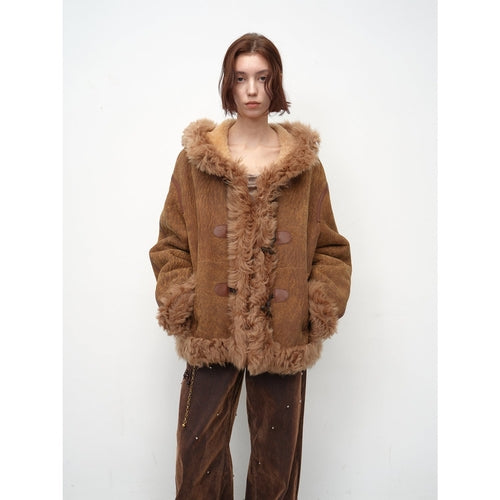 Fireladyfur Women's Shearling Coat - Drop Shoulder Hooded Merino Wool