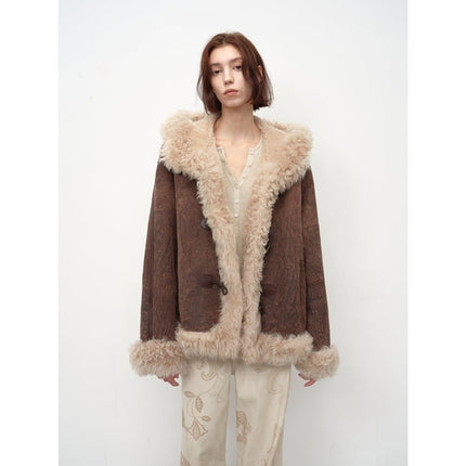 Fireladyfur Women's Shearling Coat - Drop Shoulder Hooded Merino Wool