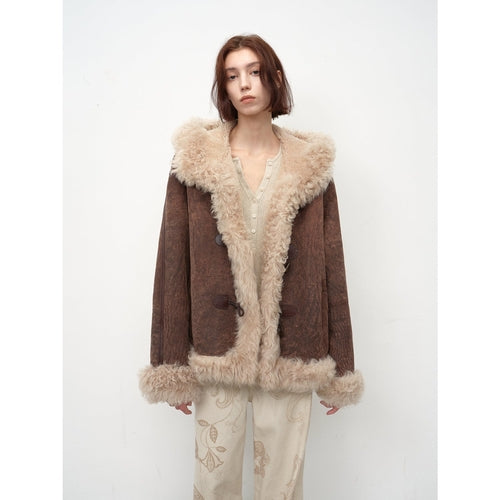 Fireladyfur Women's Shearling Coat - Drop Shoulder Hooded Merino Wool