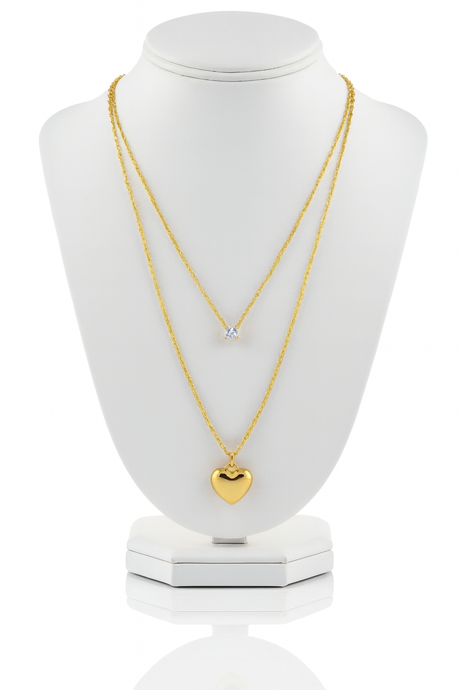 Gold Heart & Diamond Pendant Necklace Set-D 12