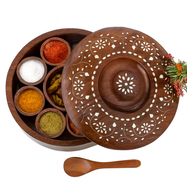Wooden Inlay Masala Box with 7 Compartments