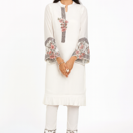 Elegant White Floral Tunic & Trousers Set (Size-XXS)