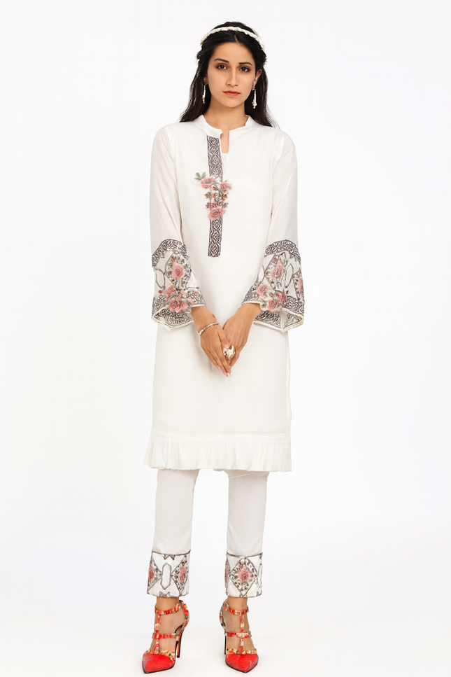 Elegant White Floral Tunic & Trousers Set (Size-XXS)
