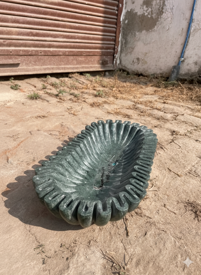 Handcrafted Green Stone Decorative Bowl – Ribbed Design
