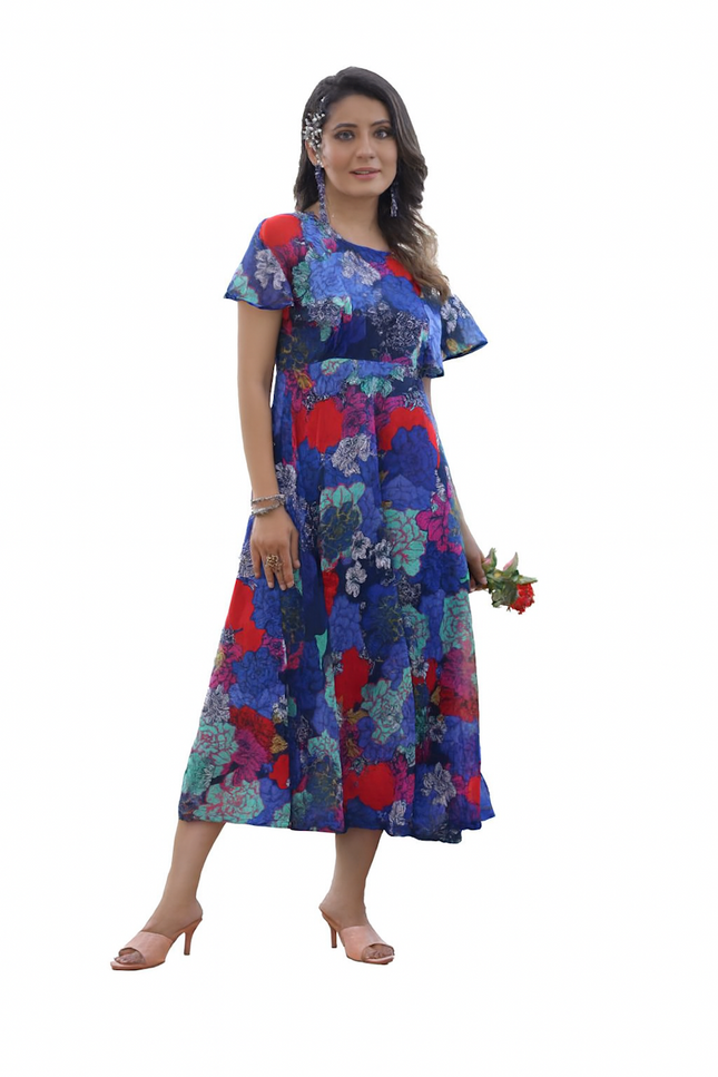 Flared Blue & Red Floral Midi Dress (Size-S)
