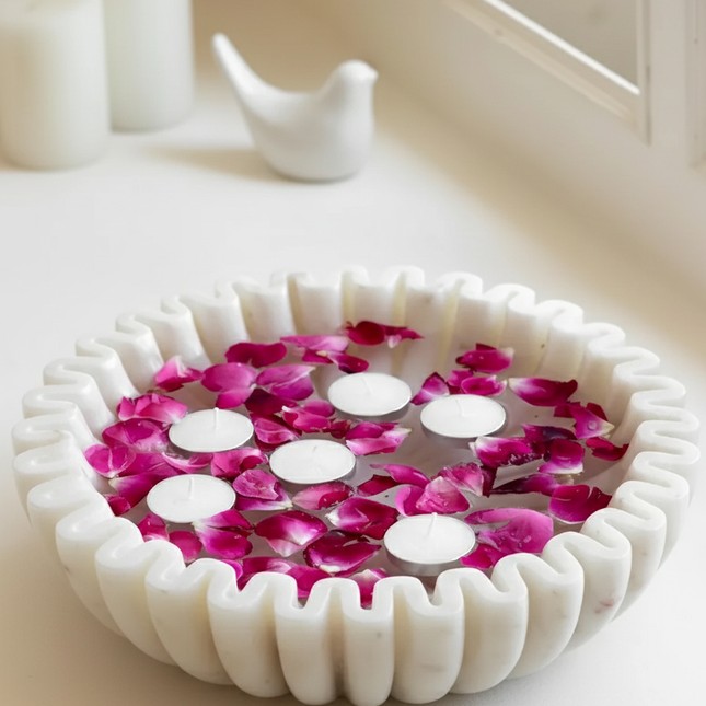 Floating Tealight Candle Bowl with Rose Petals – White Ceramic Decor