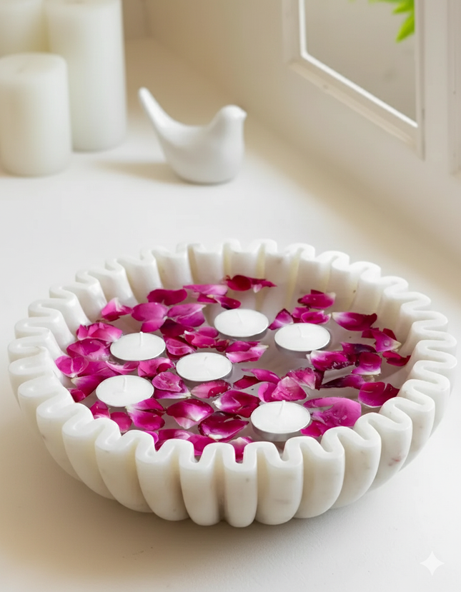 Floating Tealight Candle Bowl with Rose Petals – White Ceramic Decor