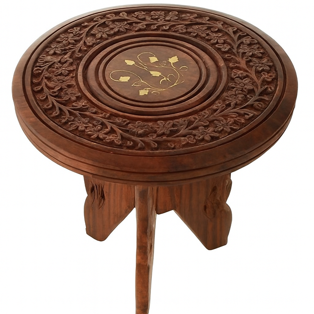 Carved Round Wooden Stool with Brass Inlay