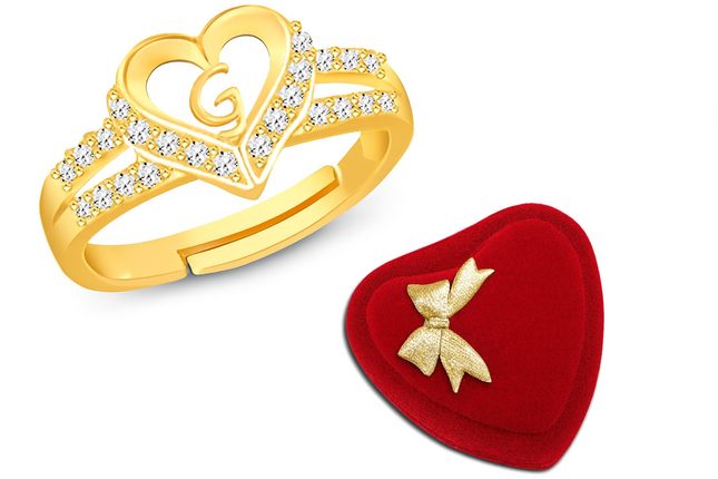 Gold Heart Ring – “G” Initial Design with White Stones & Velvet Gift