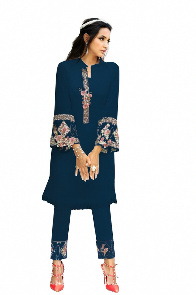 Teal Tunic Set with Ruffled Floral Sleeves  (Size-S)