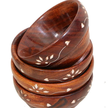 Floral Inlay Wooden Serving Bowls Set of 4