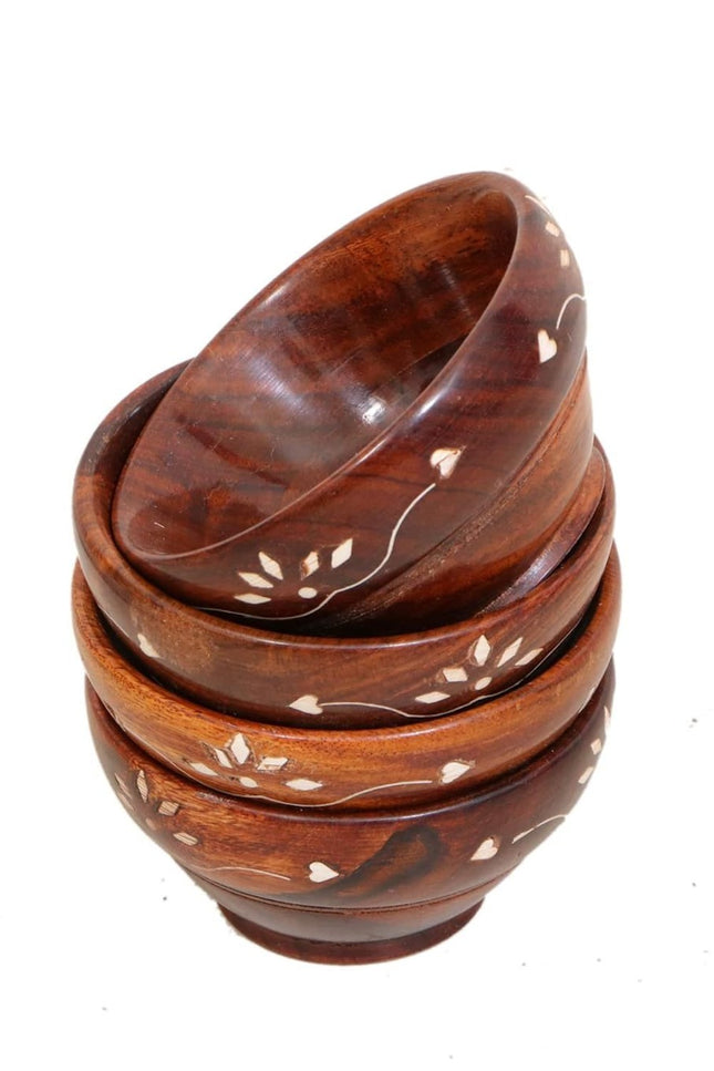Floral Inlay Wooden Serving Bowls Set of 4