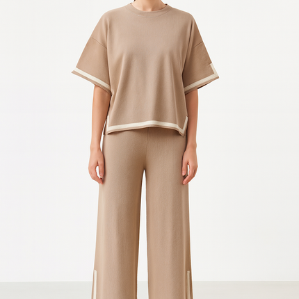 Two-Piece Relaxed Fit Co-Ord Set for Women-Tan (Size-3XL) | D41