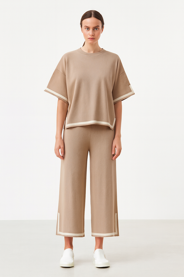 Two-Piece Relaxed Fit Co-Ord Set for Women-Tan (Size-3XL) | D41