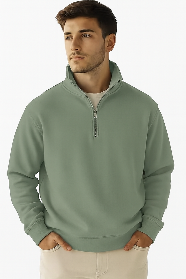 Men’s Sage Green Quarter-Zip Pullover Sweatshirt – Soft Fleece, High