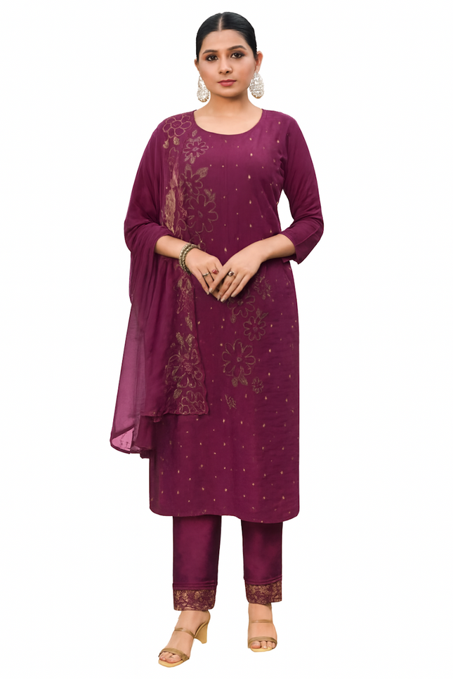 Maroon Kurta Set with Gold Floral Embroidery (Size-XS)