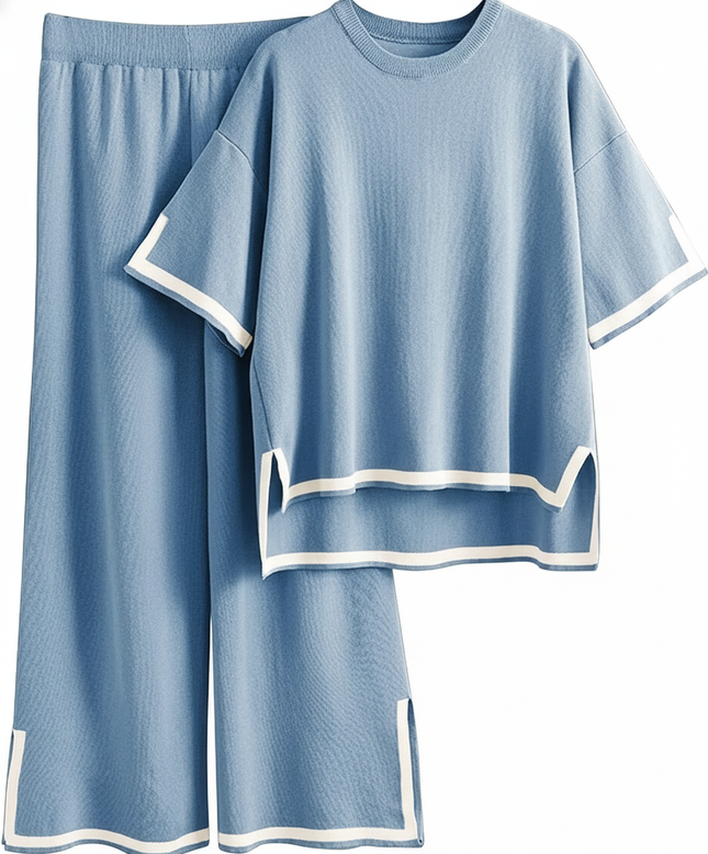 Two-Piece Relaxed Fit Co-Ord Set for Women-Blue (Size-M) | D02