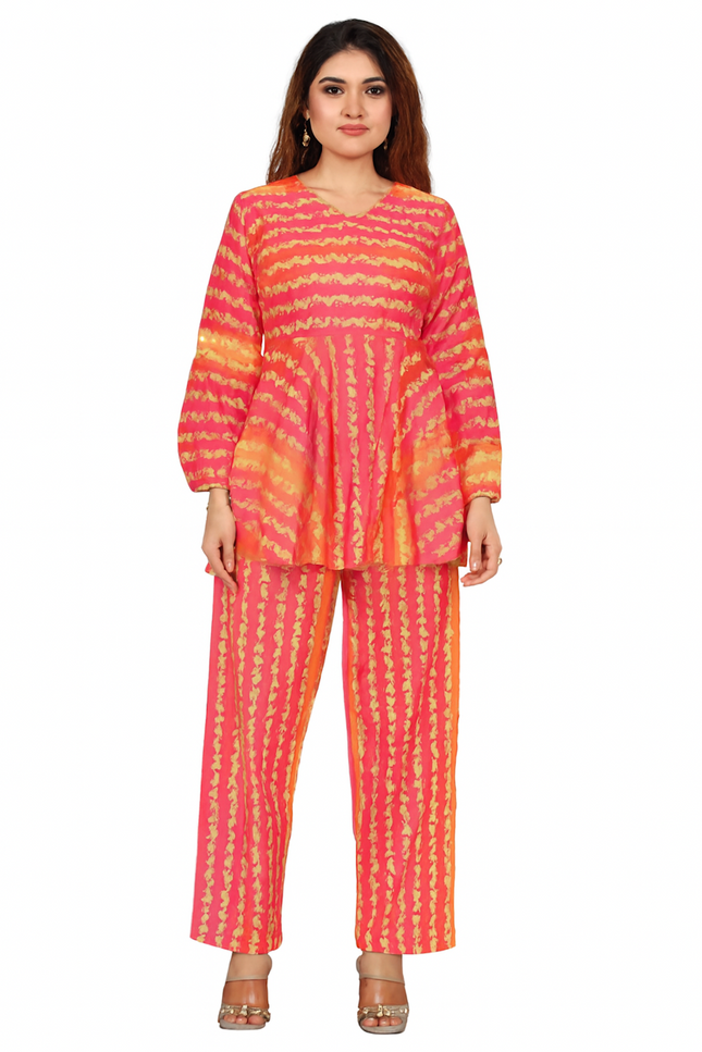 Pink & Orange Tie-Dye Peplum Top & Pants Set (Size-M)