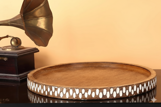 Vintage Brass Gramophone with Decorative Tray