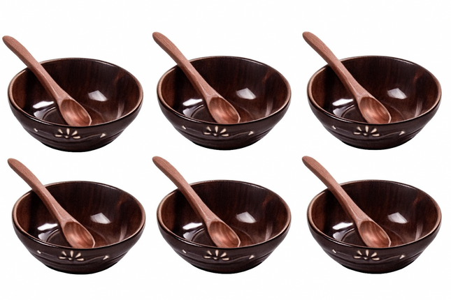 Wooden Finish Bowls and Spoons Set of 6