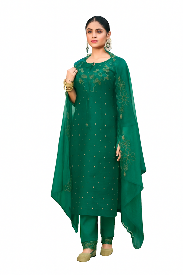 Emerald Green Kurta Set with Gold Details (Size-M)