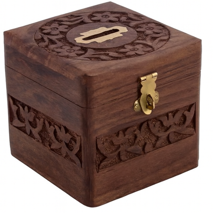 Hand Carved Wooden Coin Bank/Money Box