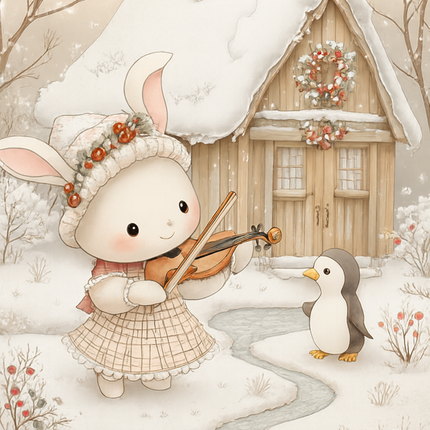 Winter Bunny & Penguin Snow Scene – Festive Wall Art