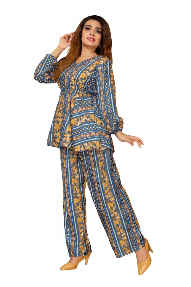 Blue & Yellow Print Peplum Top and Pants Set (Size-L)