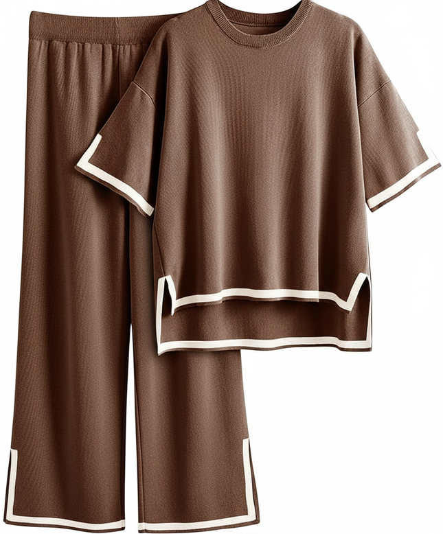 Two-Piece Relaxed Fit Co-Ord Set for Women-Brown (Size-2XL) | D09