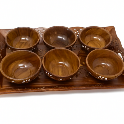 Engraved Wooden Tray & 6 Serving Bowls Set
