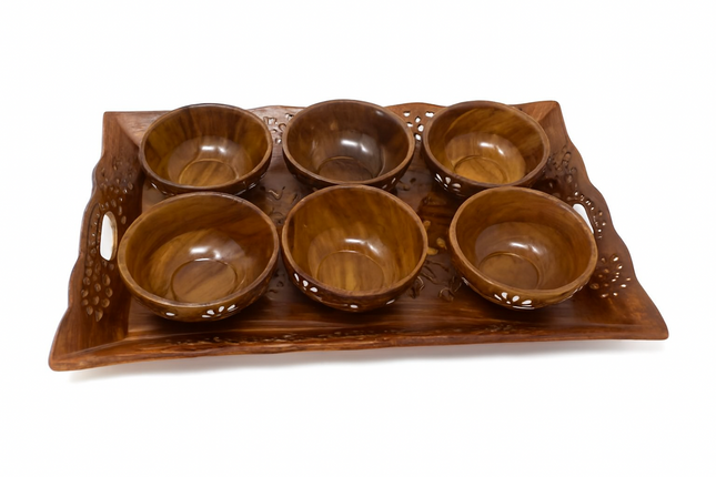 Engraved Wooden Tray & 6 Serving Bowls Set