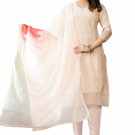 Festive Wear  Straight Kurta and Pant Set with Dupatta-Off White