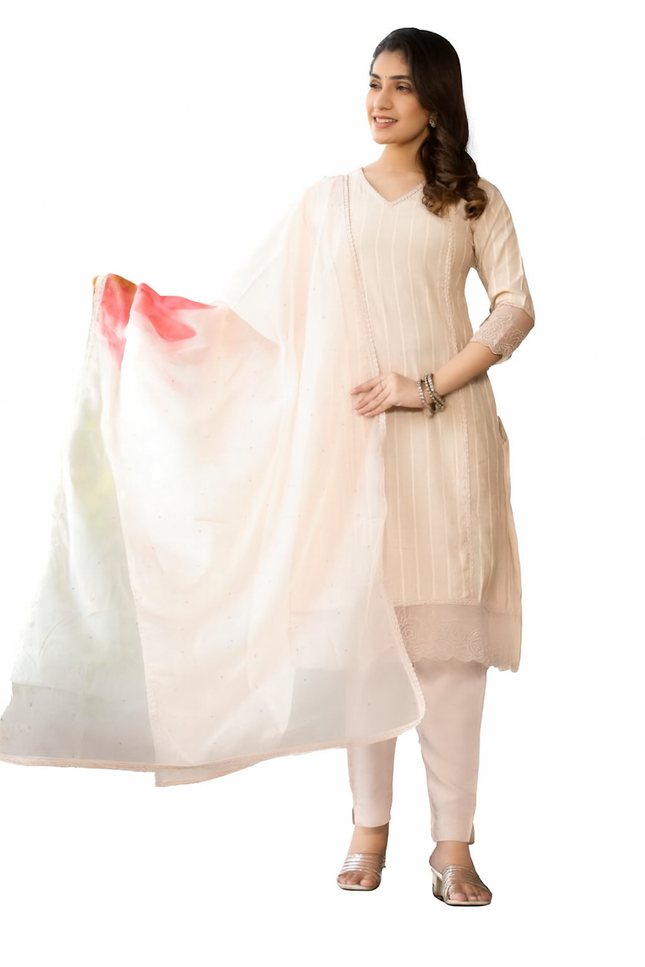 Festive Wear  Straight Kurta and Pant Set with Dupatta-Off White