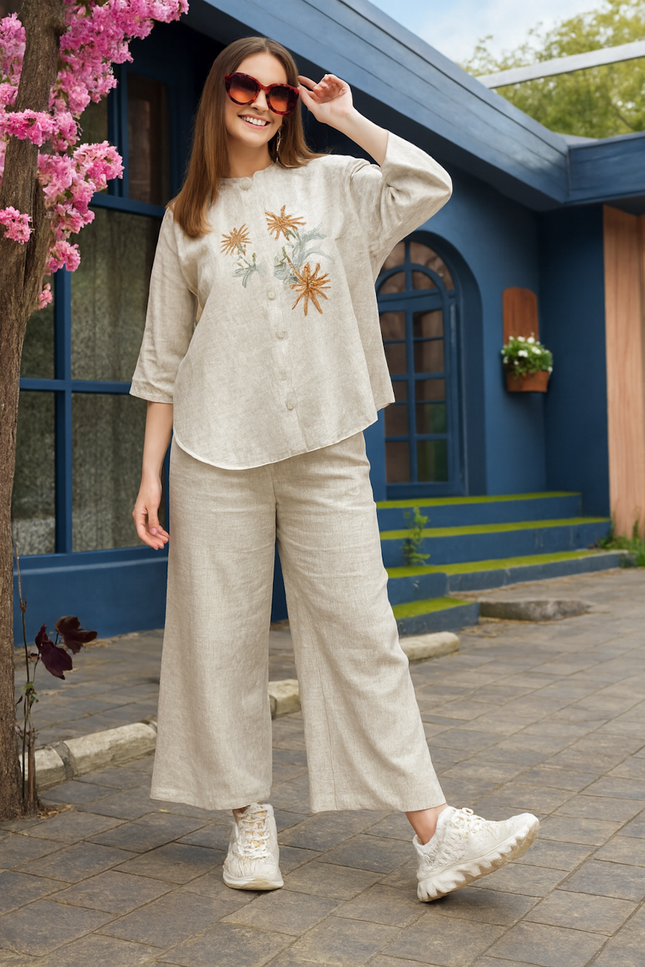 Two-Piece Relaxed Fit Co-Ord Set for Women-Off White (Size-M) | D33