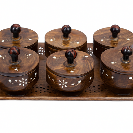 Floral Engraved Wooden Spice Box Set of 6