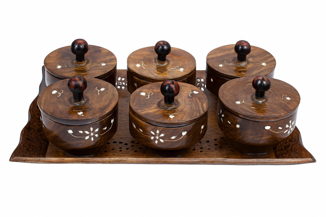 Floral Engraved Wooden Spice Box Set of 6