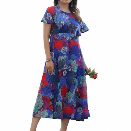 Flared Blue & Red Floral Midi Dress (Size-M)