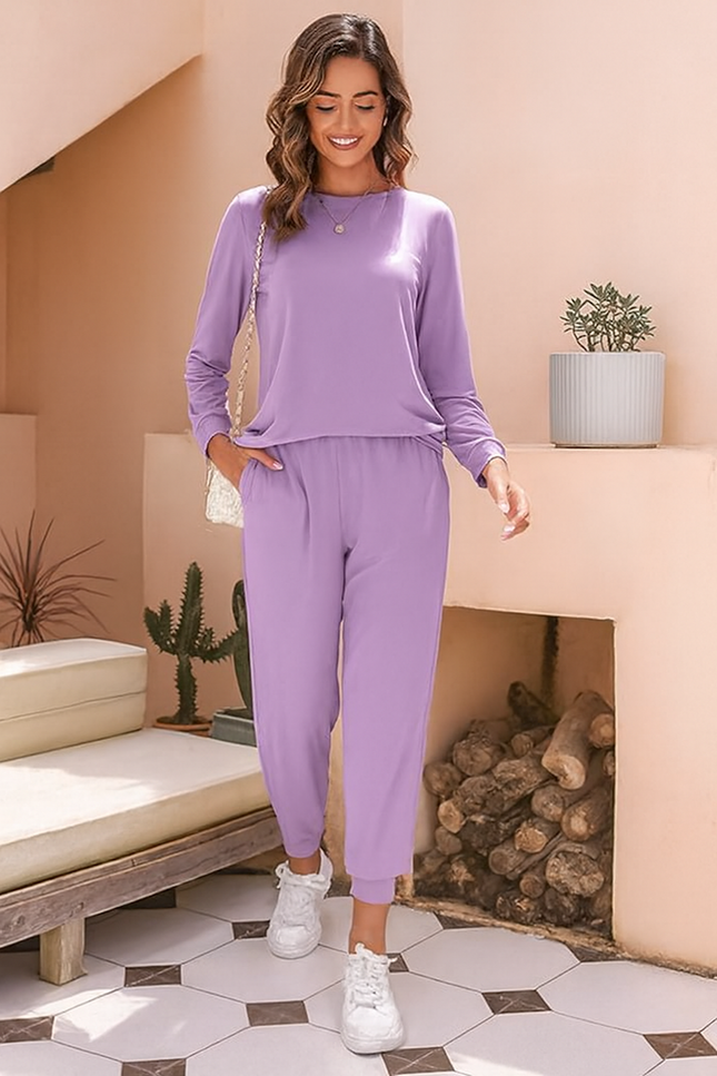 Two-Piece Relaxed Fit Co-Ord Set for Women-Purple (Size-XXS) | D49